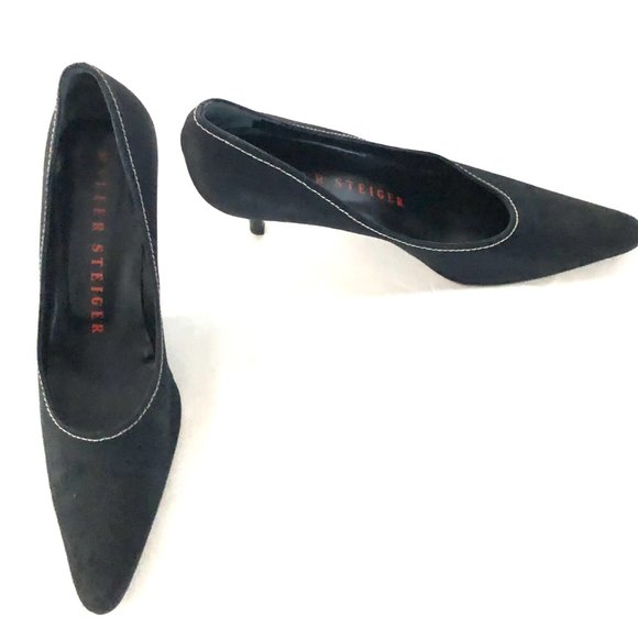 VINTAGE WALTER STEIGER BLACK LINEN PUMPS HEELS 3
